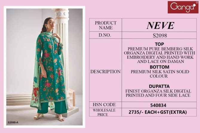 Neve 2098 By Ganga Organza Silk Heavy Dress Material Catalog